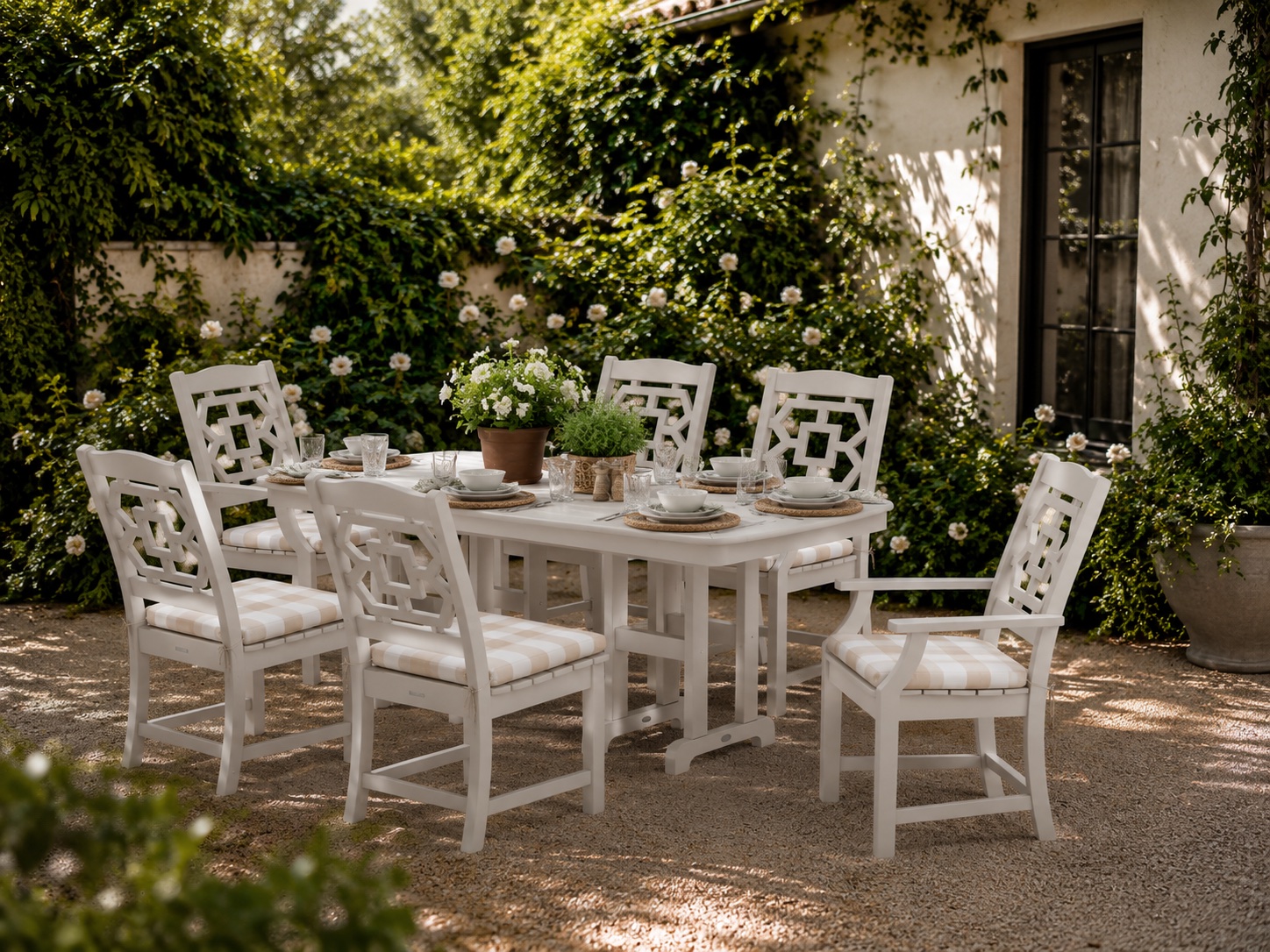 White outdoor dining set in a courtyard garden — AI product visualization