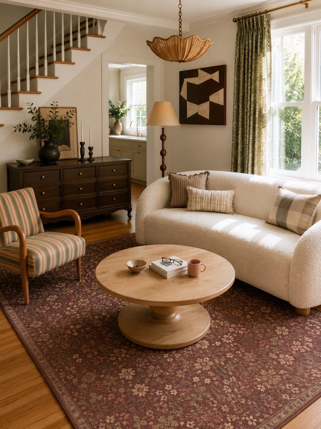 AI interior — ivory boucle sofa on a burgundy floral rug