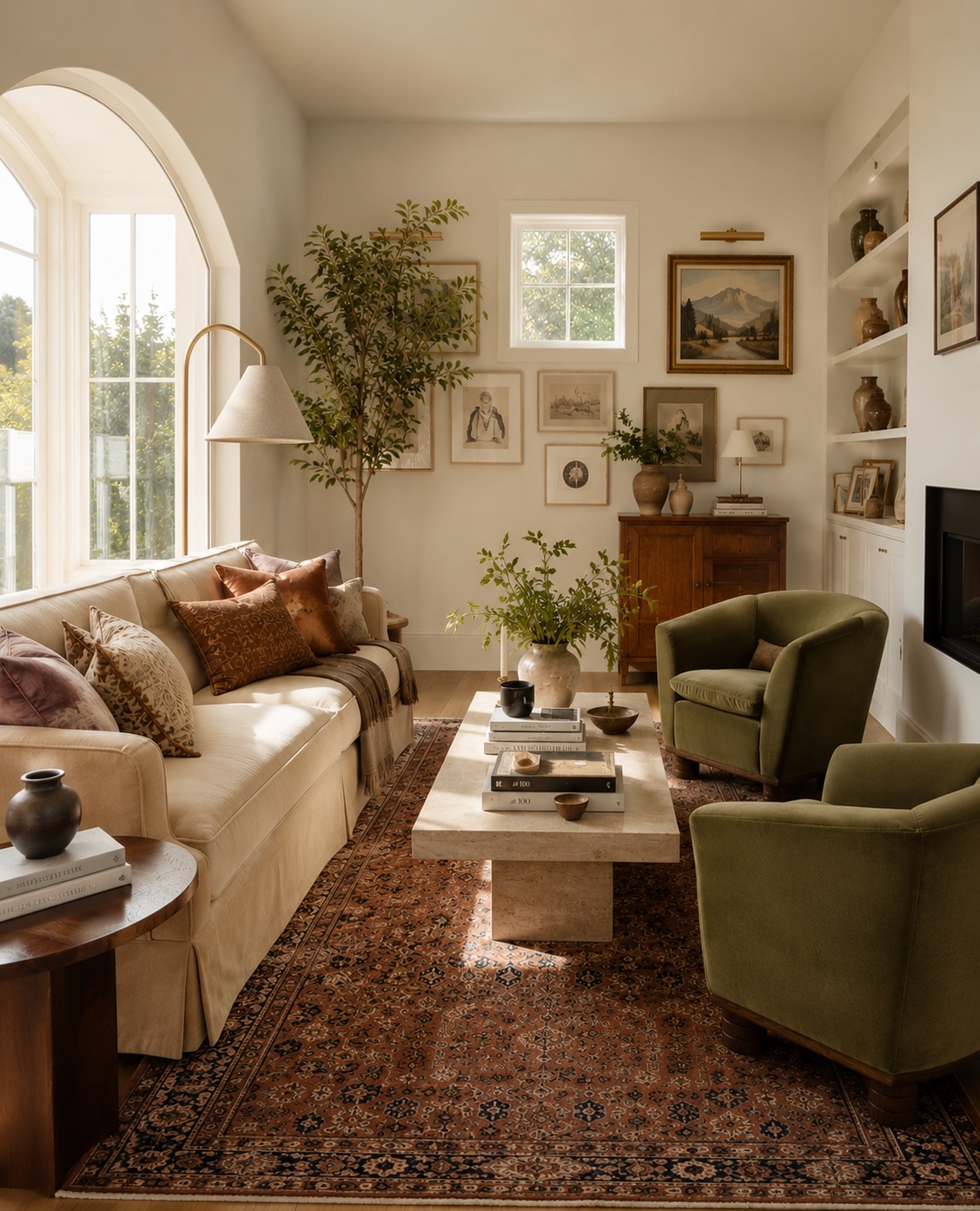 AI interior — arched window, olive velvet chairs, and gallery wall