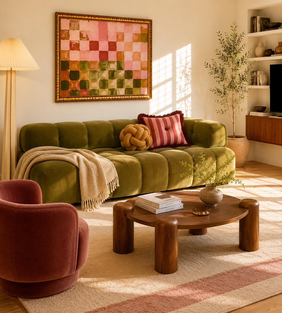 AI interior — olive channel-tufted sofa under a colorful checked painting