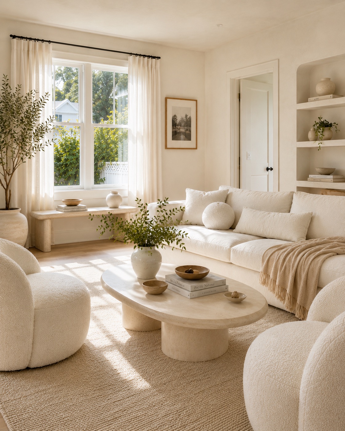 AI interior — cream-on-cream living room with rounded boucle seating