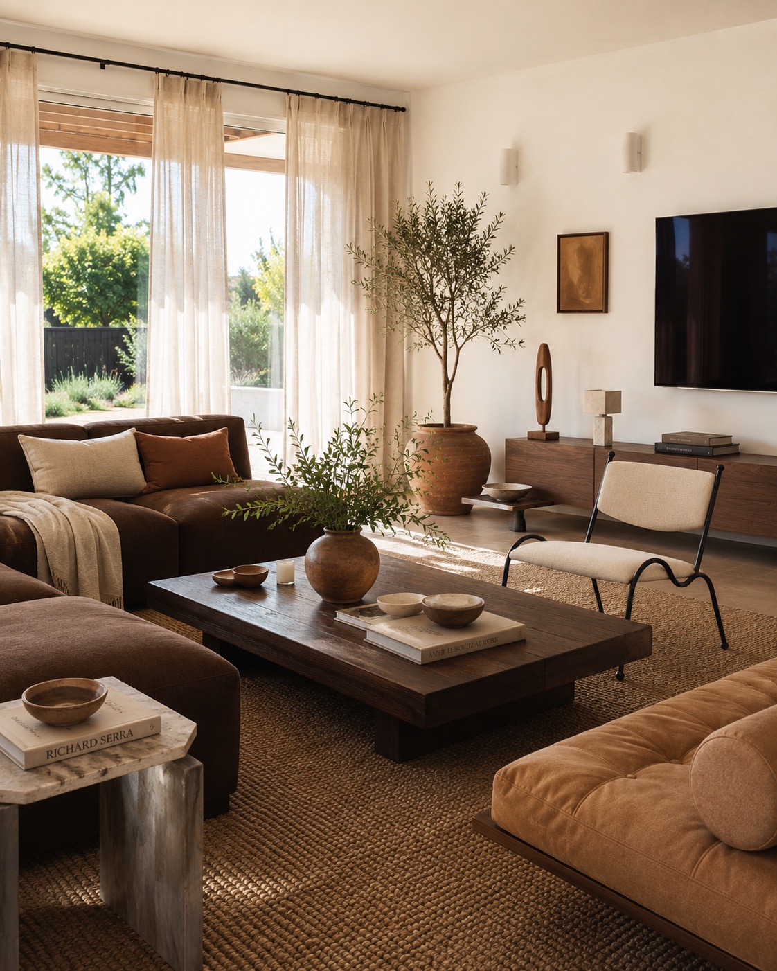 AI interior — earthy brown sectional with terracotta and jute textures