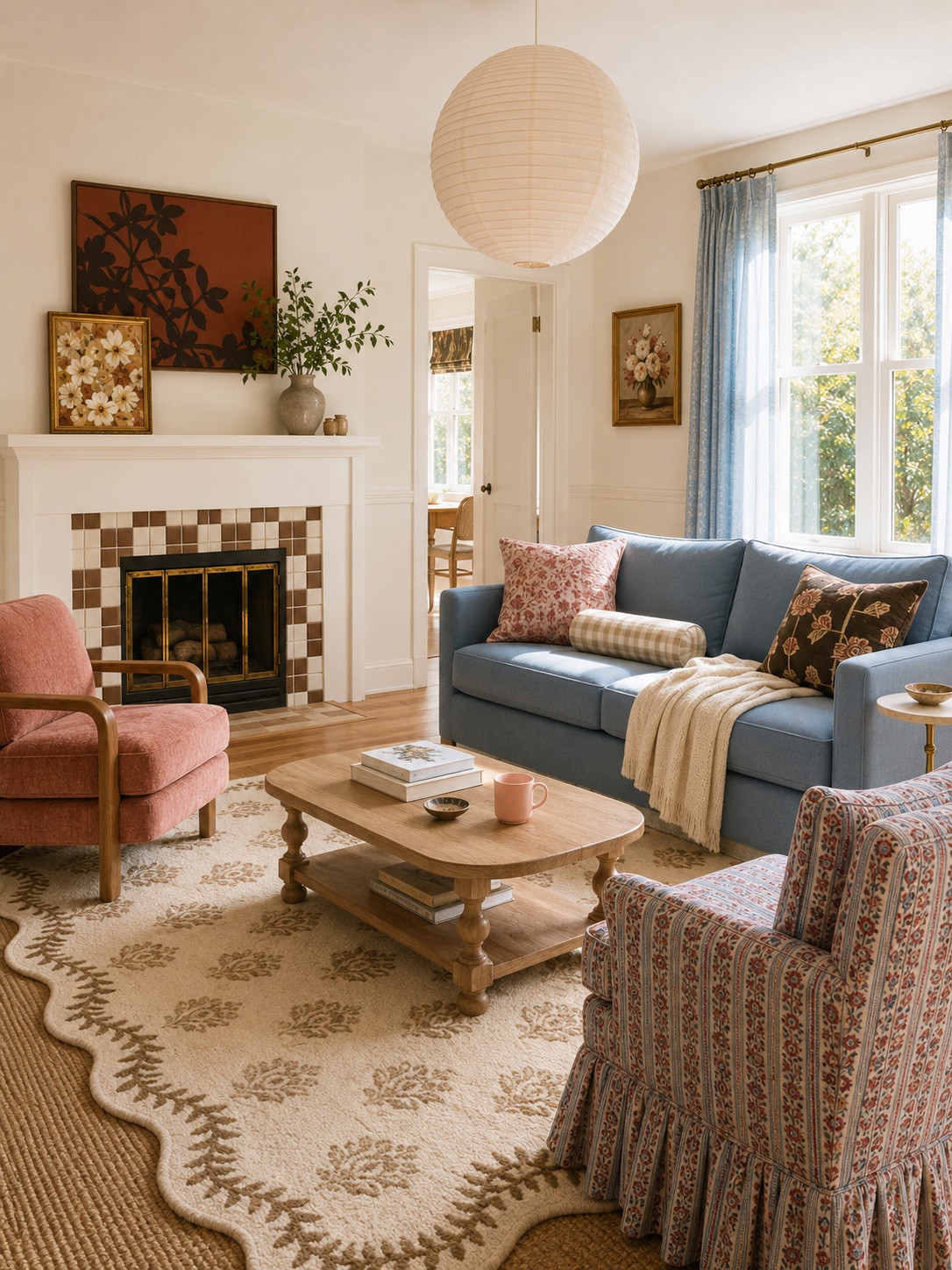 AI interior — blue sofa, checkered fireplace tile, and rose armchair