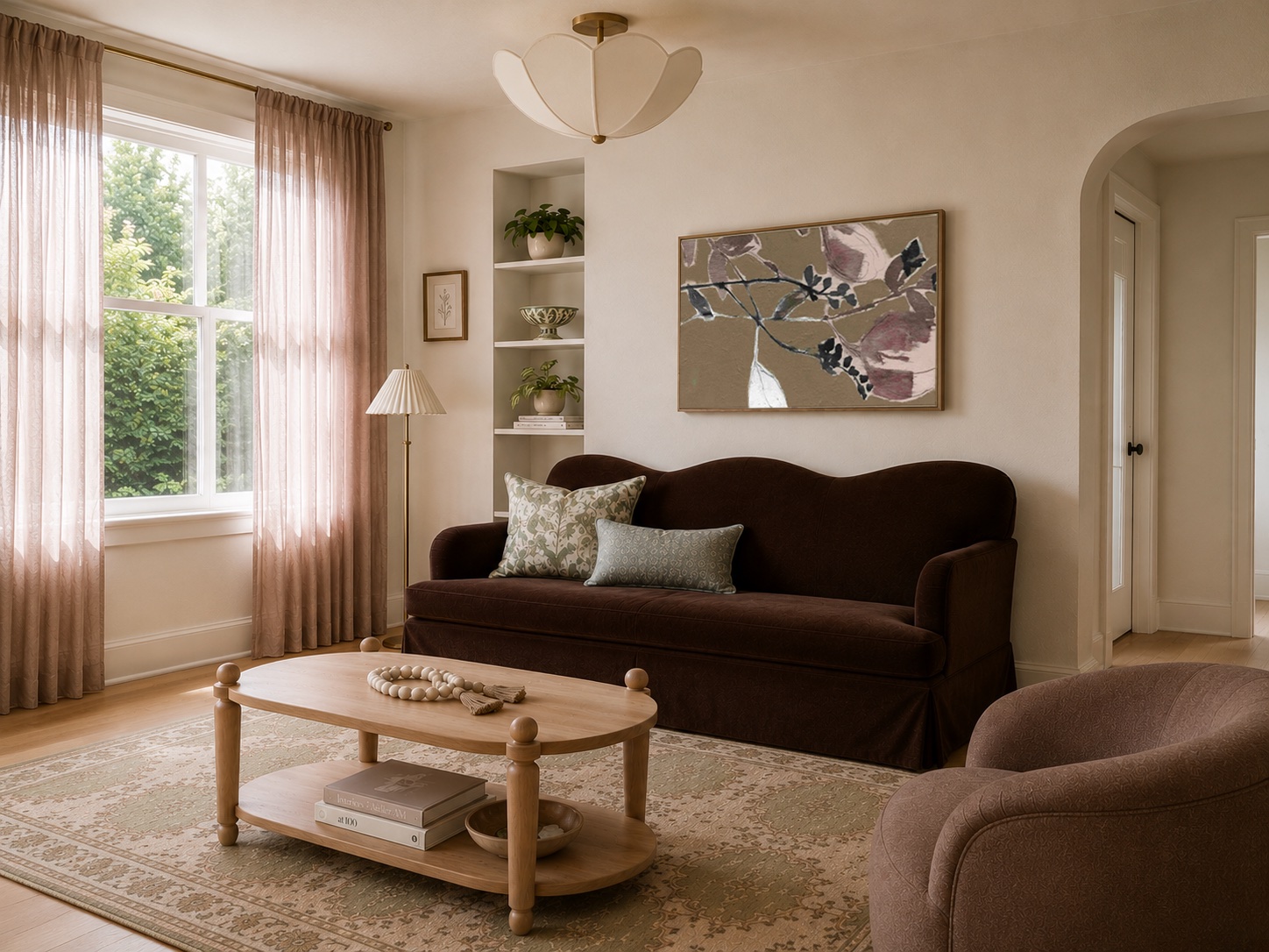 AI interior — brown scalloped sofa with blush sheer curtains