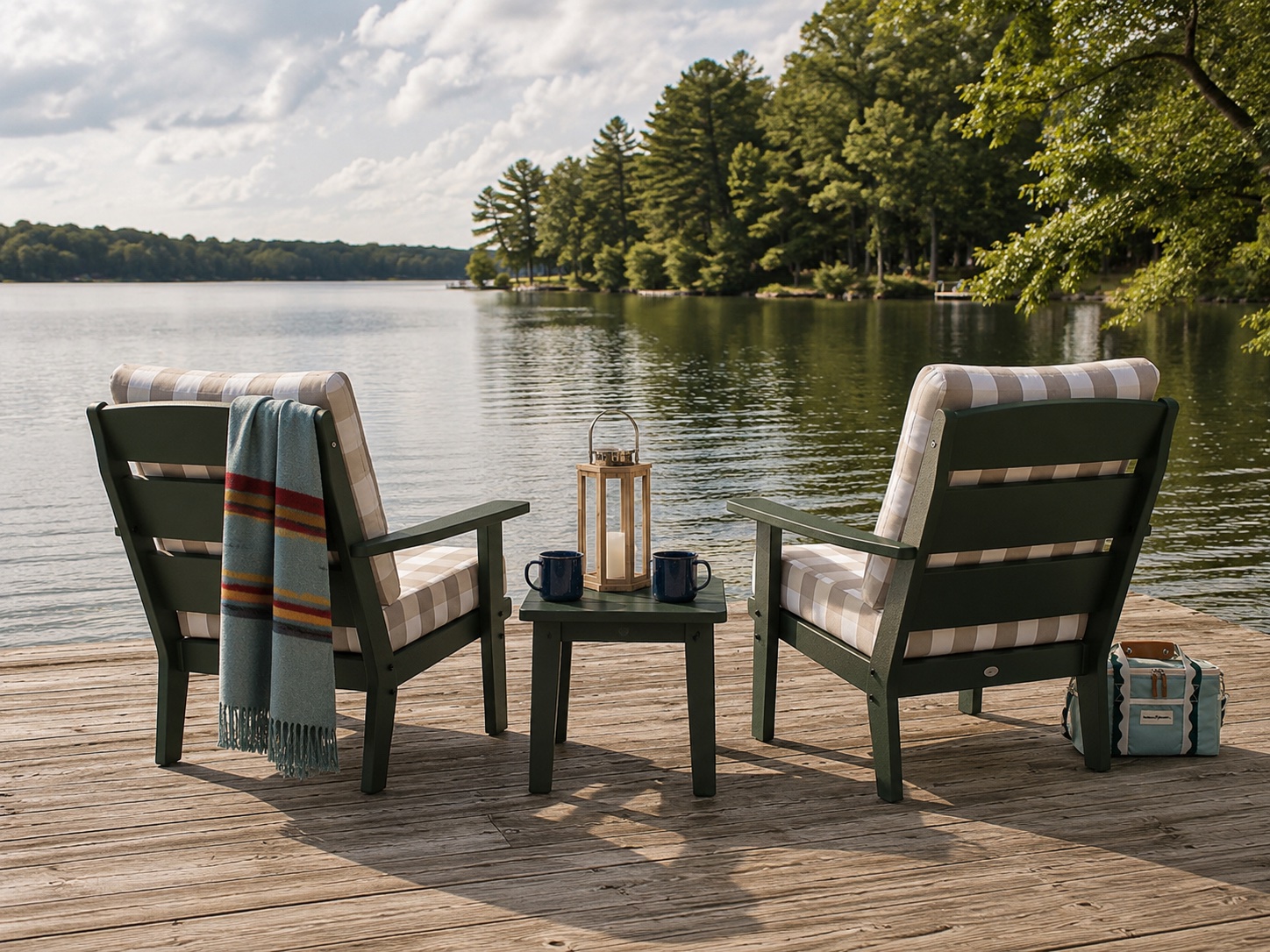 Outdoor lounge chairs and side table on a lakeside dock — AI product visualization