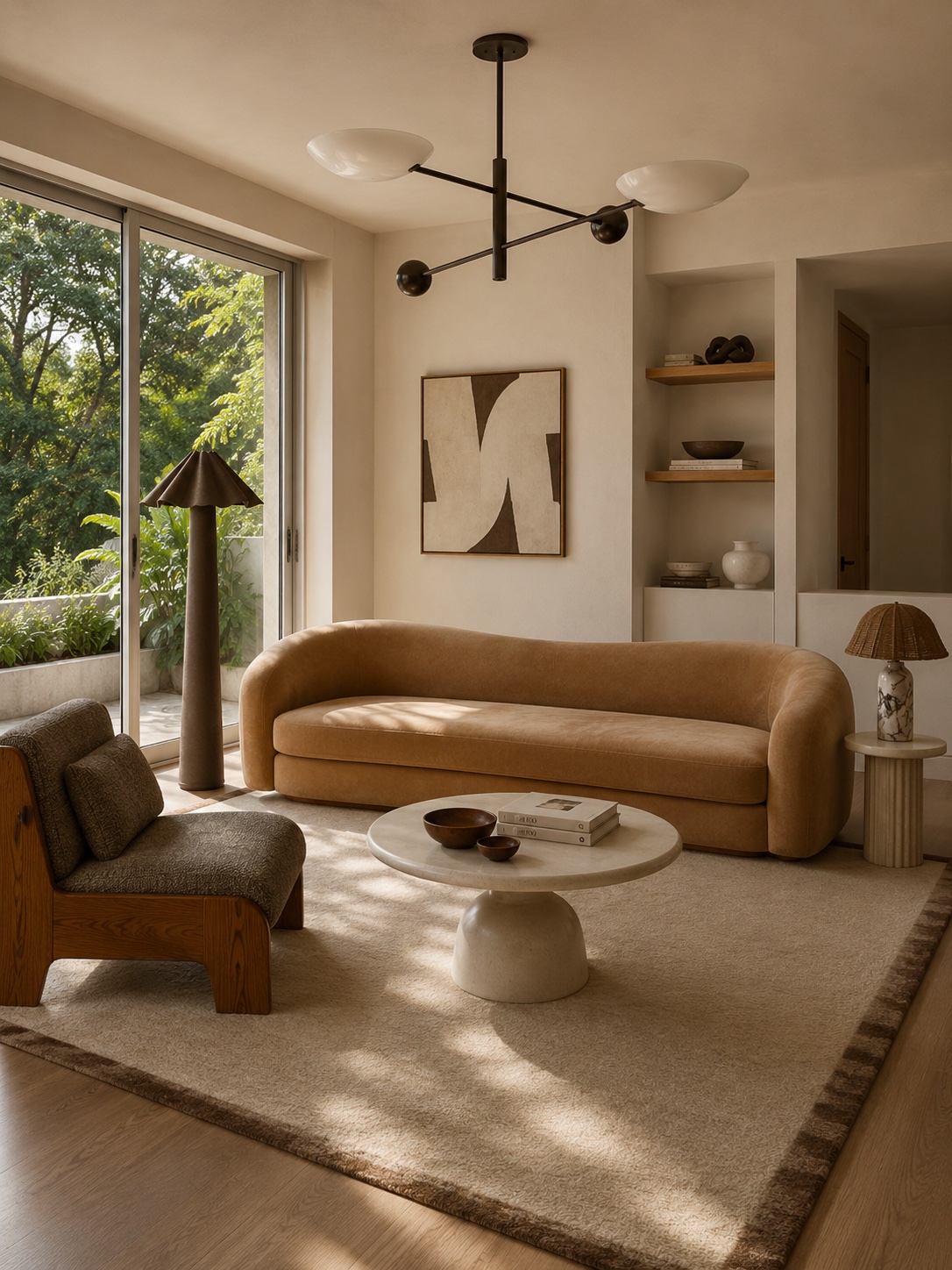 AI interior — camel sofa in a pared-back modern room