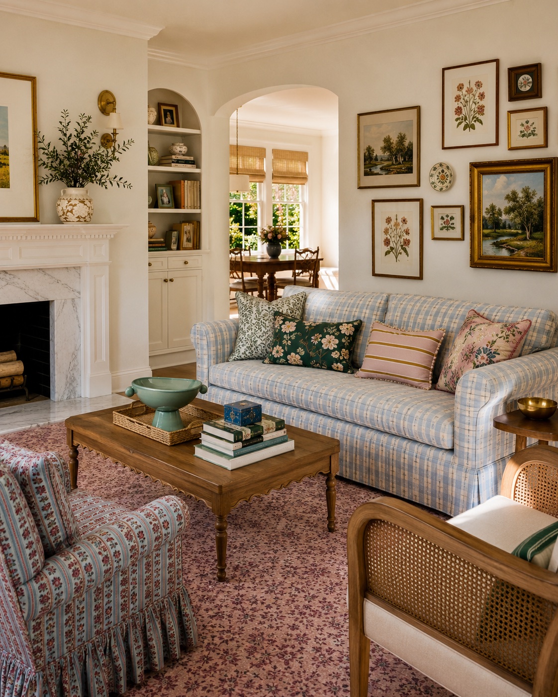 AI interior — blue plaid sofa with botanical gallery wall