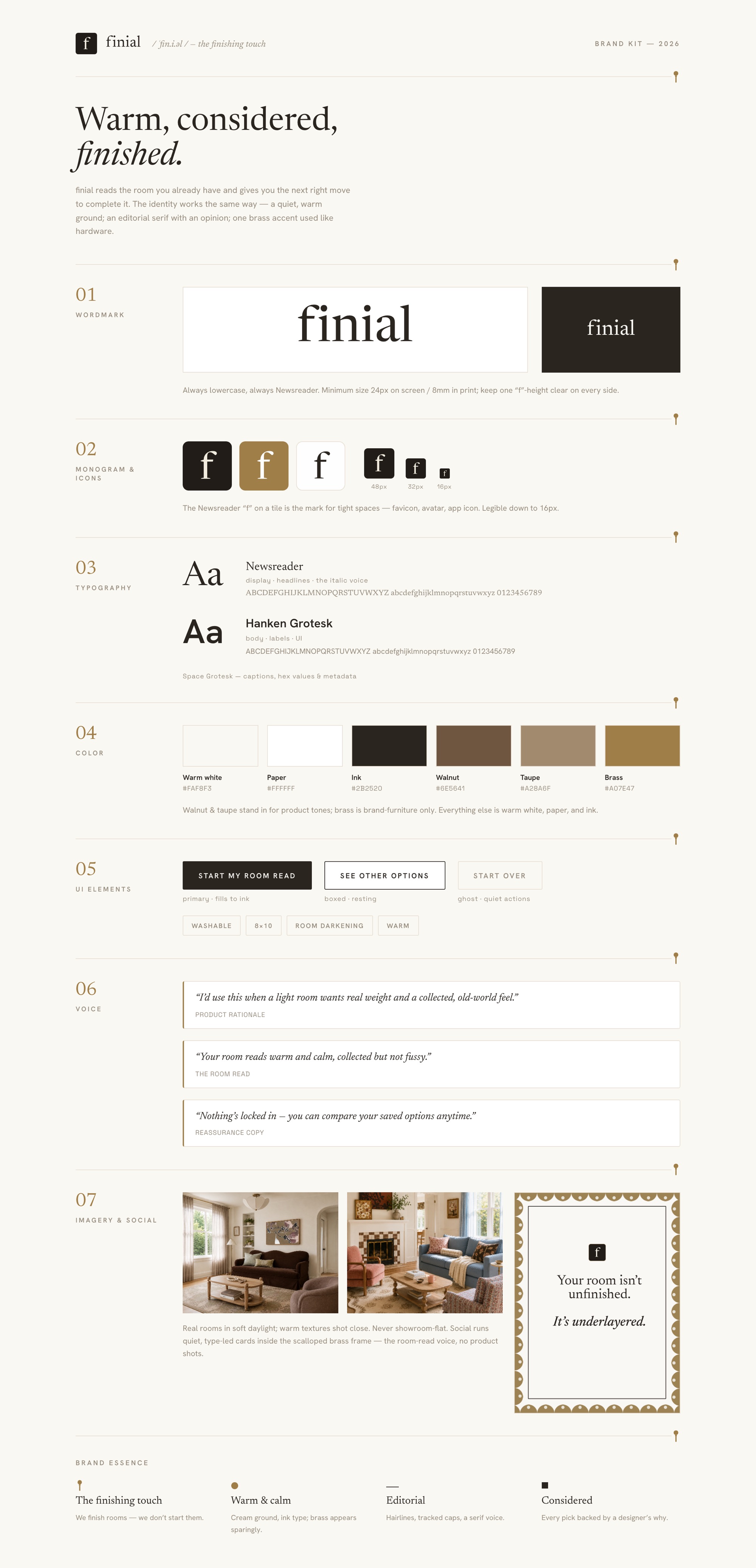 Finial brand kit — wordmark, monogram, typography, color palette, UI elements, voice, and imagery guidelines