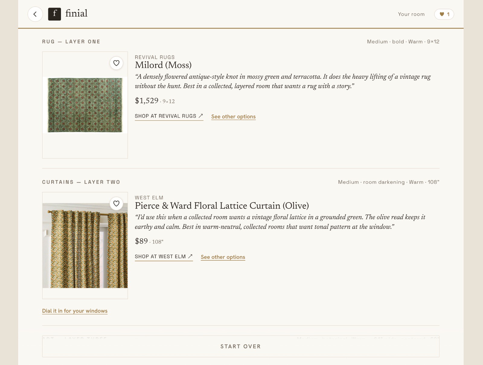 Finial product detail — designer rationale